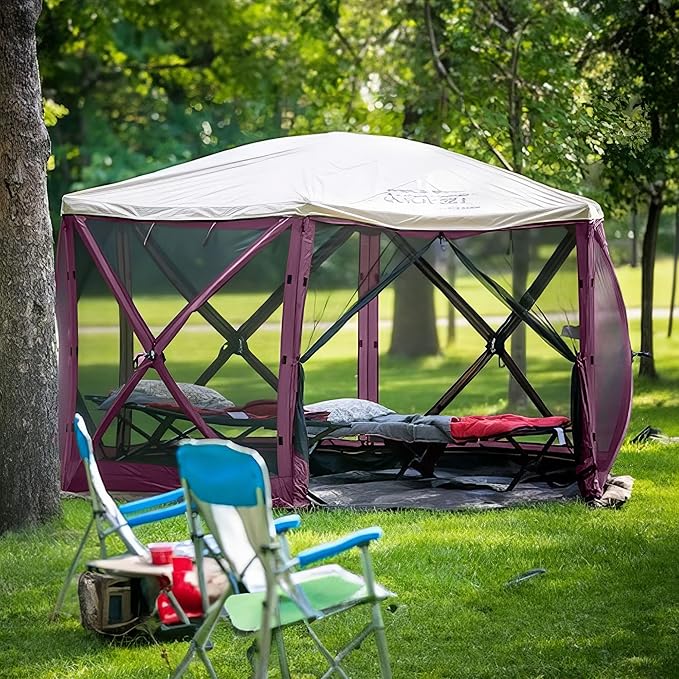 CLAM Pop-Up Screen Tent, 11.5' Outdoor Camping Gazebo, Portable 6-Sided Canopy with Ground Stakes & Carry Bag, Escape, Plum