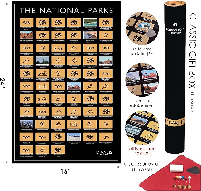 2 in 1 Gift Set - Scratch off US Map and 63 National Parks Poster - 24x16 Easy to Frame Scratchable United States of America Posters - Globetrotters Wall Map - Black and Gold Travel Tracker
