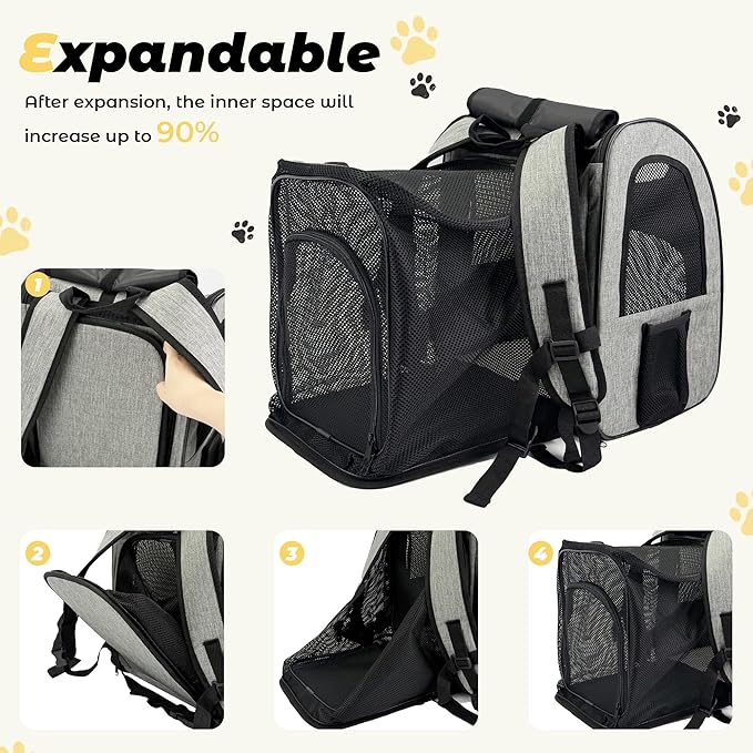 Zavothy Expandable Pet Backpack Carrier for Small Cats & Dogs, Airline Approved Travel Bag with Mesh Windows, Expandable Space, Padded Bottom, Foldable Design Grey