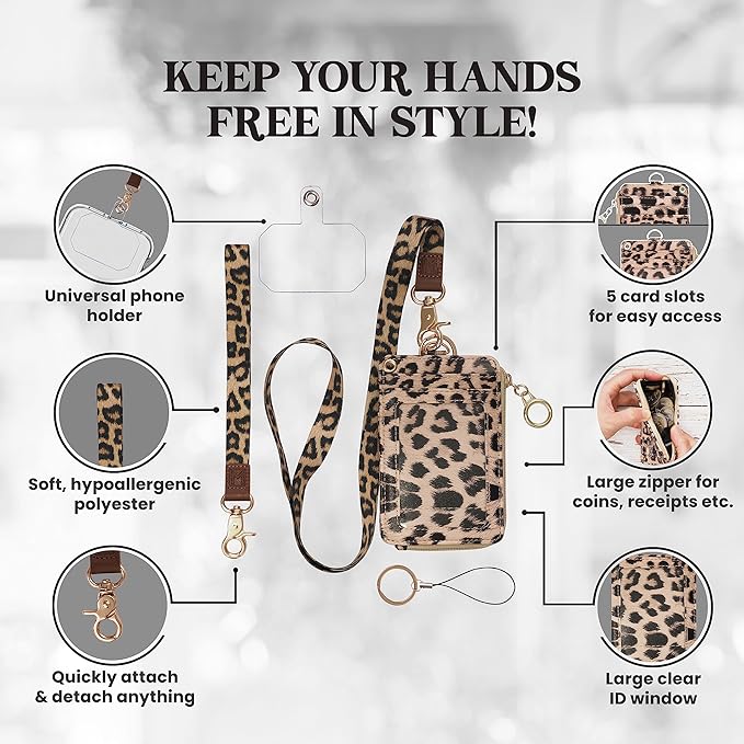 2-in-1 ID Badge Holder & Lanyard Wallet - Multi-Use Womens Small Wallet with Removable Wristlet & Neck Lanyard, Clear Window, 5 Card Slots, Phone Holder, Ring Keychain - Leopard