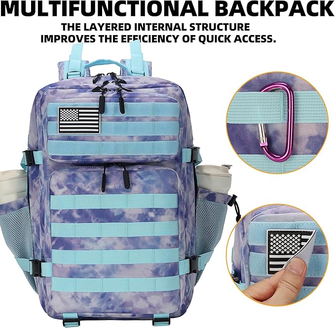 45L Tactical Assault Backpack 3 day assault pack with Molle Waterproof backpack Rucksack for Tactical Backpacks (Blue Tie-Dye)