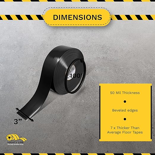 Mighty Line Solid Floor Marking Tape for Safety, Caution, Warning, Heavy-Duty, Peel and Stick Adhesive, Beveled Edge Design, Industrial Quality, 3 inch, 100' Roll, Black