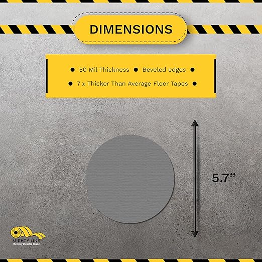 Mighty Line 5.7" Solid Dot Shaped Floor Marking Tape for Safety, Caution, Warning, Heavy-Duty, Peel and Stick, Adhesive Circle Spots, Industrial Quality, Gray, Pack of 100
