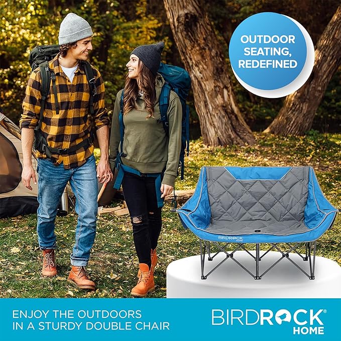 BIRDROCK HOME Double Camping Chair - Double Wine & Cup Holders - Blue & Grey, Durable Padded Fabric, Sturdy Frame, 650 lb Cap. Storage, Spacious Camping Sofa, Loveseat for The Beach, Sports, Outdoors