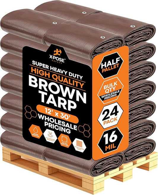 Super Heavy Duty Brown Poly Tarp 12' x 30' - Bulk Half Pallet (24 Pack) Thick Waterproof, UV Blocking Protective Cover - 16 Mil Thick Polyethylene - by Xpose Safety