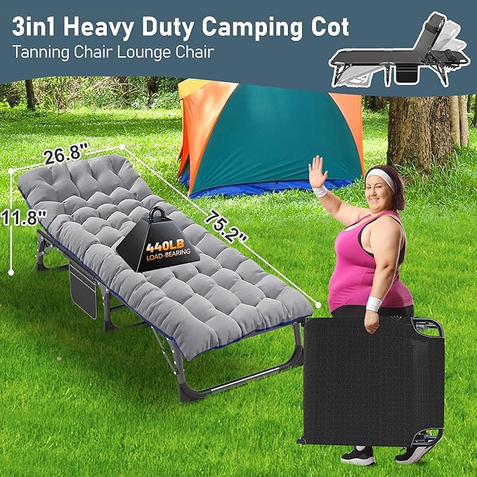 ABORON Patio Lounge Chair, Folding Guest Bed Cot for Adults, 500LB Heavy-Duty Capacity, Portable Extra Bed with Comfort Mat, Quick Fold Design for Indoor Guest Stays & Temporary Use