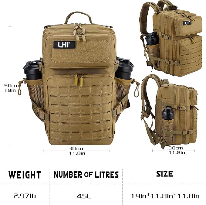LHI Tactical Military Backpack for Men 25L/45L Large Molle Army Assault Pack 3 Day Hiking Rucksack With Bottle Holder
