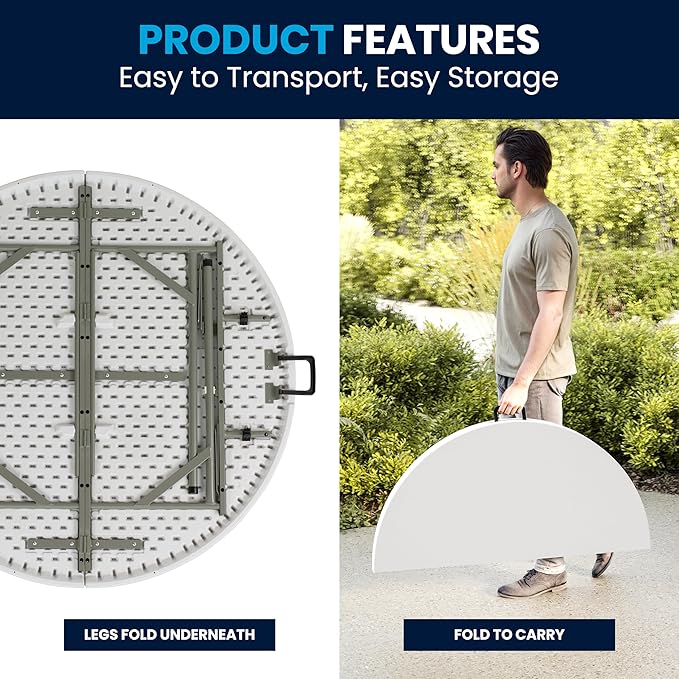 Flash Furniture Freeman 4' Round Plastic Folding Table with Carrying Handle, Plastic Foldable Table for Indoor/Outdoor Events, White