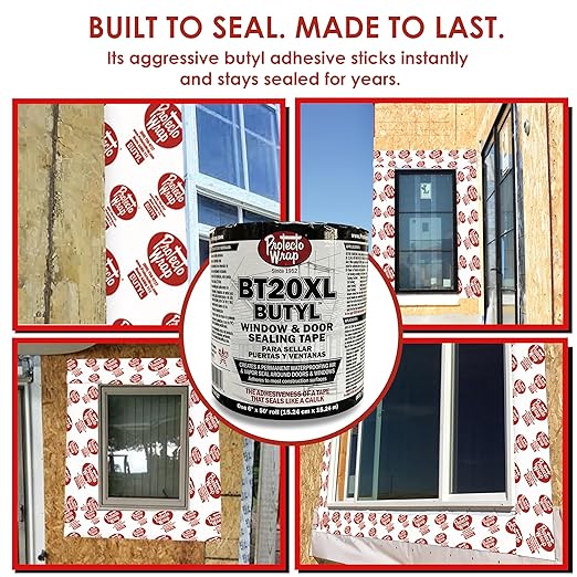 Protecto Wrap BT20XL Butyl Window Flashing Tape 6" x 50' – Professional Grade All Weather Waterproof Door & Sill Pan Sealing Tape | Self-Adhered Butyl Flashing for Windows & Sheathing Joints