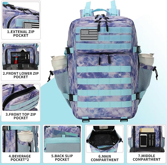 45L Tactical Assault Backpack 3 day assault pack with Molle Waterproof backpack Rucksack for Tactical Backpacks (Blue Tie-Dye)