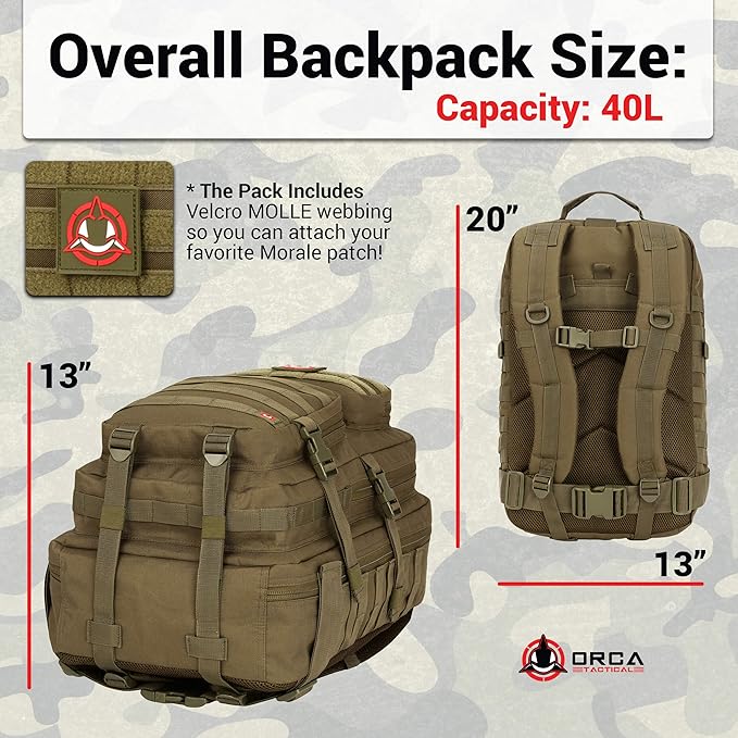 Orca Tactical Backpack 40L Large Military 1 to 3 Day Molle Assault Pack Rucksack Army Bag