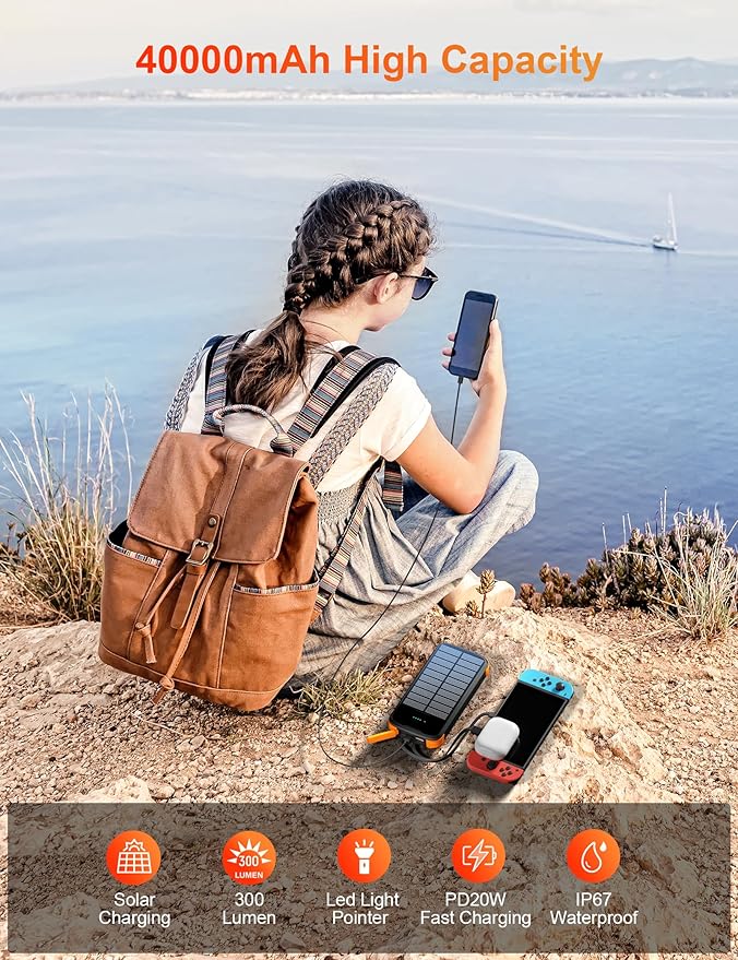 Solar Charger Power Bank, PD 20W Fast Charging External Batter, 40000mAh Portable Phone Charger Built in 4 Cables with Dual Bright Flashlights for Camping, Hiking, and Outdoor Use