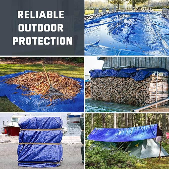 Kesfitt Tarp Heavy Duty Waterproof 10x10FT,16 Mil Thick Tarps Tear&Fade Resistant,UV Resistant,Poly Tarp Cover with Grommets and Reinforced Edges for Outdoor Camping Pools Boat Car(Blue/Brown)