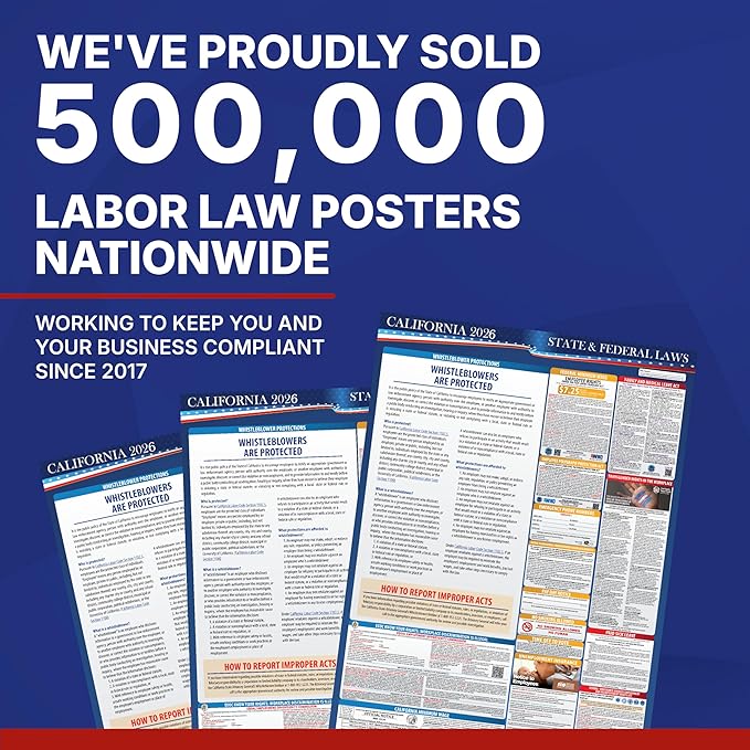 2026 California State and Federal Labor Law Poster - English Version - OSHA Workplace Compliant - Mandatory Regulations All-in-One Required Compliance Posting for Employees 17" x 40" Laminated (English)