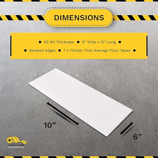 Mighty Line Floor Marking Tape Strips for Safety, Caution, Warning, Heavy-Duty, Peel and Stick, Adhesive, Industrial Quality, White, 6" by 10"