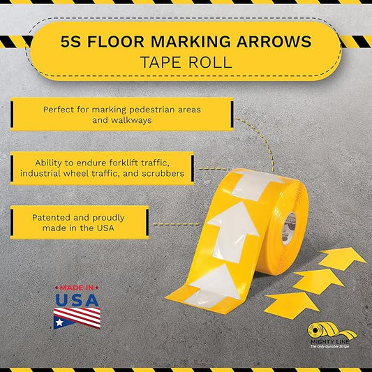 Mighty Line 5.5" Wide Solid Arrows Roll, Directional Sticker Sign Floor Marking Tape for Safety, Caution, Warning, Heavy-Duty, Peel and Stick, Adhesive, Industrial Quality, Yellow, Pack of 200