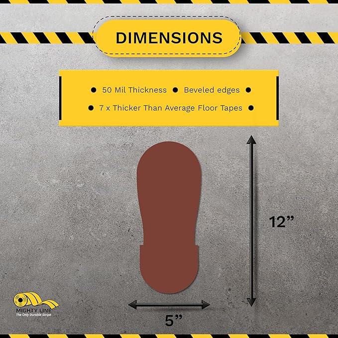 Mighty Line Big Footprints Floor Marking Tape for Safety, Caution, Warning, Heavy-Duty, Peel and Stick, Adhesive, Industrial Quality, 12" Long x 5" Wide, Brown, Pack of 50