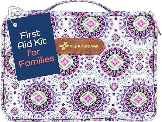 KeepGoing Large Home First Aid Kit for Kids – 270 Pc. for Car, Home, Dorm, & Boat with Latex-Free Bandages – 10 x 7 x 3.5 in. Travel First Aid Kit (Boho)