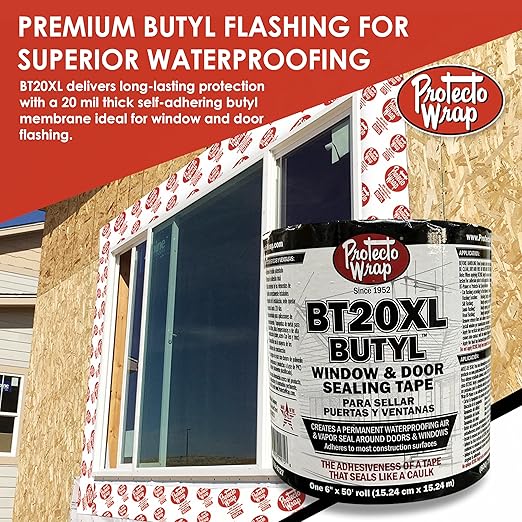 Protecto Wrap BT20XL Butyl Window Flashing Tape 6" x 50' – Professional Grade All Weather Waterproof Door & Sill Pan Sealing Tape | Self-Adhered Butyl Flashing for Windows & Sheathing Joints