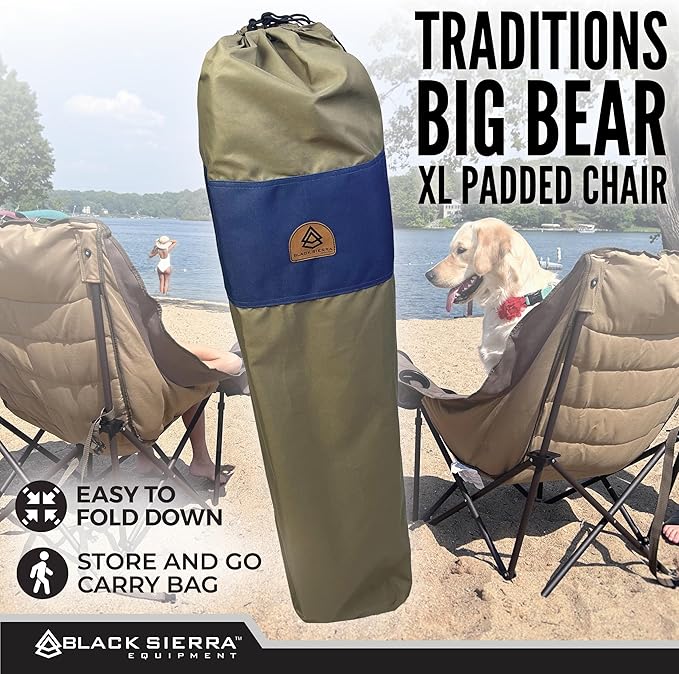 Black Sierra Deluxe Padded Camping Chair for Sports & Outdoors, Oversize XL Outdoor Folding Chair Supports 400 lbs, Heavy Duty Seat w/Dual Cup Holders/Carry Bag Perfect for RV, Tailgating, Glamping