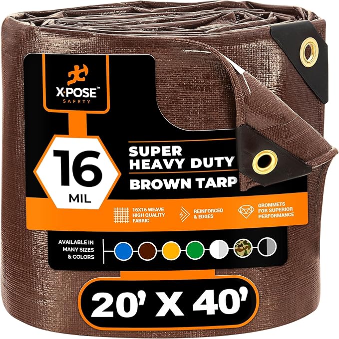 20' x 40' Super Heavy Duty 16 Mil Brown Poly Tarp Cover - Thick Waterproof, UV Resistant, Rip and Tear Proof Tarpaulin with Grommets and Reinforced Edges - by Xpose Safety