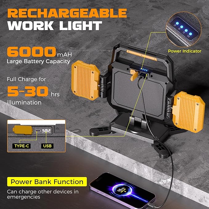 Yzoni LED Rechargeable Work Light, 40W 4000LM Magnetic Work Light with 6 Modes, Battery Powered Portable Mechanic Lights with 360°Rotate Foldable Design for Auto Car, Garage, Workshop