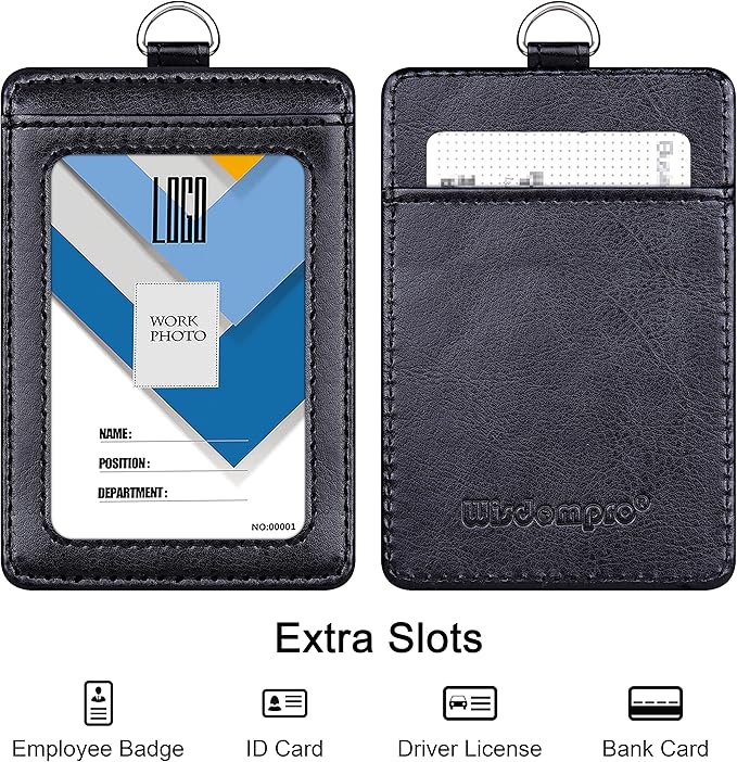 Badge Holder, Wisdompro School Supply 2-Sided PU Leather College ID Badge Card Holder Wallet Case with 1 Clear ID Window and 1 Credit Card Slot and 22 Inch Detachable Neck Lanyard - Black (Vertical)