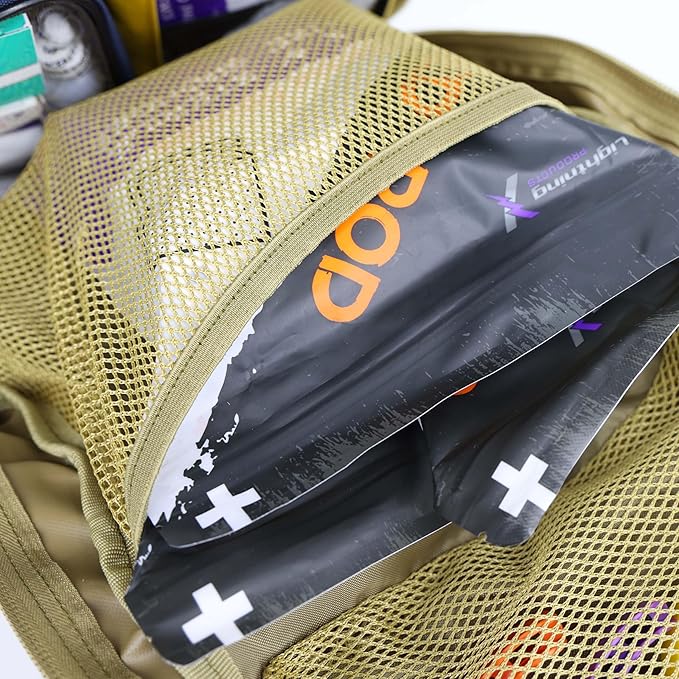 Lightning X Fully Stocked TacMed First Responder Trauma Medical Backpack EMT Kit | MB45-SKF | w/Professional First Aid Emergency Supplies (Tan)