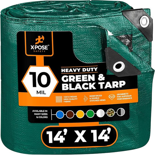 Heavy Duty Poly Tarp - 14' X 14' - 10 Mil Thick Waterproof, UV Blocking Protective Cover - Reversible Green and Black - Laminated Coating - Grommets - by Xpose Safety