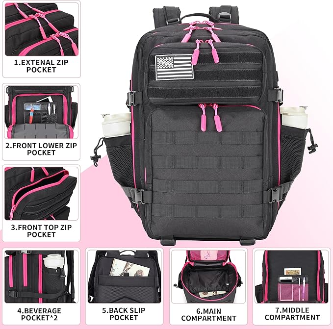 45L Tactical Assault Backpack 3 day assault pack with Molle Waterproof backpack Rucksack for Tactical Backpacks (Black Rose)