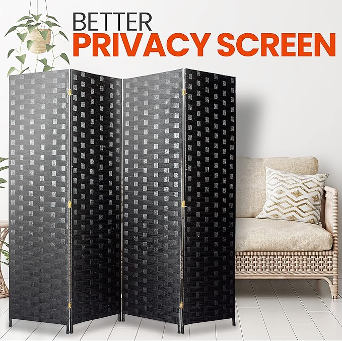 SereneLife Woven Fiber Room Divider - 4-Panel Portable Lightweight Freestanding Indoor Foldable Decorative Partition, Screen Separator, Better Folding Privacy, Dressing Area, Porch, Office