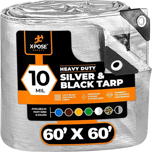 Heavy Duty Poly Tarp - 60' X 60' - 10 Mil Thick Waterproof, UV Blocking Protective Cover - Reversible Silver and Black - Laminated Coating - Rustproof Grommets - by Xpose Safety