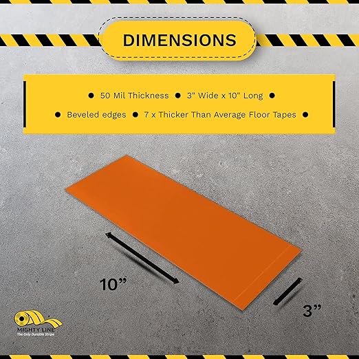 Mighty Line Floor Marking Tape Strips for Safety, Caution, Warning, Heavy-Duty, Peel and Stick, Adhesive, Industrial Quality, Orange, 3" by 10"