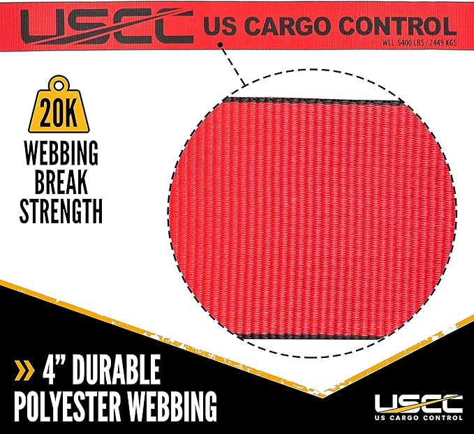 US Cargo Control 4 Inch Winch Strap with Large Flat Hook, 27 Feet Long, Heavy Duty Trailer Winch Strap for Safe Cargo Securement, Large Flat Hook End Fitting for Easy Fastening, Red, 4-Pack
