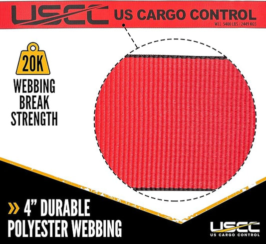 US Cargo Control 4 Inch Winch Strap with Large Flat Hook, 27 Feet Long, Heavy Duty Trailer Winch Strap for Safe Cargo Securement, Large Flat Hook End Fitting for Easy Fastening, Red, 4-Pack