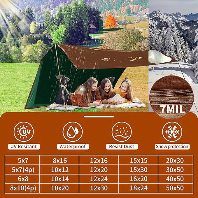 Tarp 12x30 ft 100% Waterproof 7mil Durable Grommets and Reinforced Edges,Uv Resistant,Green/Brown Tarp,Emergency Rain Shelter,Outdoor Cover and Camping Use -by MVPNET