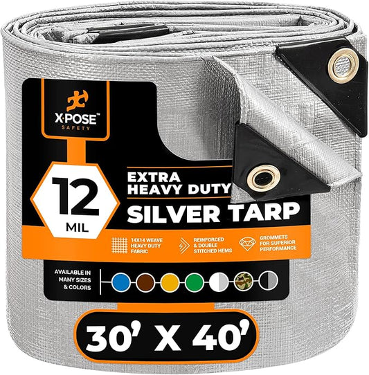 Heavy Duty Silver Poly Tarp 30' X 40' - Multipurpose Protective Cover - Durable, Waterproof, Weather Proof, Rip and Tear Resistant - Extra Thick 12 Mil Polyethylene - by Xpose Safety