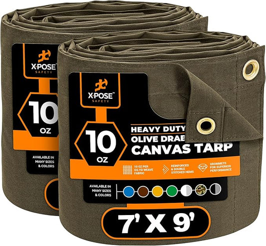 Xpose Safety Canvas Tarp - 10oz Olive Drab Canvas Tarps Heavy Duty Water Resistant with Brass Grommets- Multipurpose Outdoor Tarpaulin for Camping, Canopy, Trailer, Equipment Cover 7' x 9' (2 Pack)