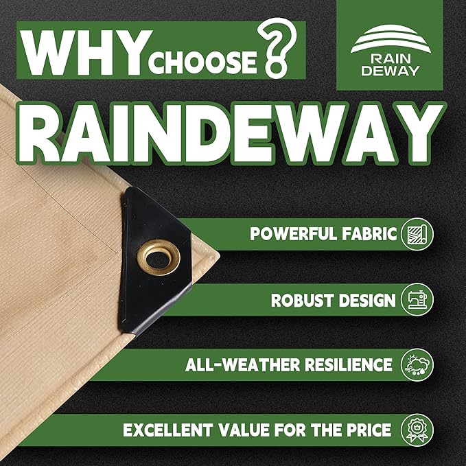 RAINDEWAY 12x12 Feet Heavy Duty Tarp,12 Mil Tan Waterproof Poly Tarp Cover,UV Resistant,Weatherproof,Durable,Multipurpose Tarps with Grommets and Reinforced Edges
