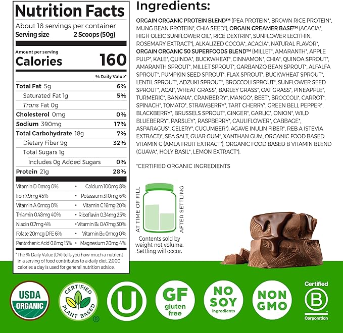 Orgain Organic Vegan Protein + 50 Superfoods Powder, Creamy Chocolate Fudge - 21g Plant Based Protein, 9g Prebiotic Fiber, No Lactose, Gluten Free, No Added Sugar, 2.02 lb (Packaging May Vary)