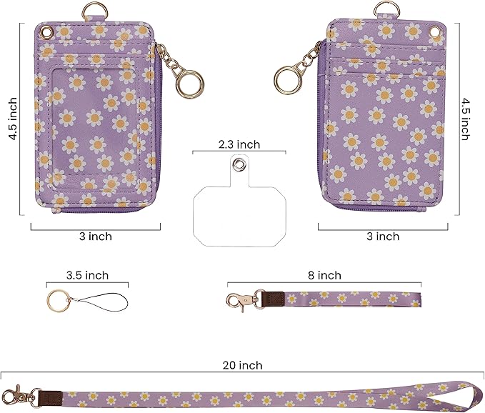 2-in-1 ID Badge Holder & Lanyard Wallet - Multi-Use Womens Small Wallet with Removable Wristlet & Neck Lanyard, Clear Window, 5 Card Slots, Phone Holder, Ring Keychain - Purple Daisies