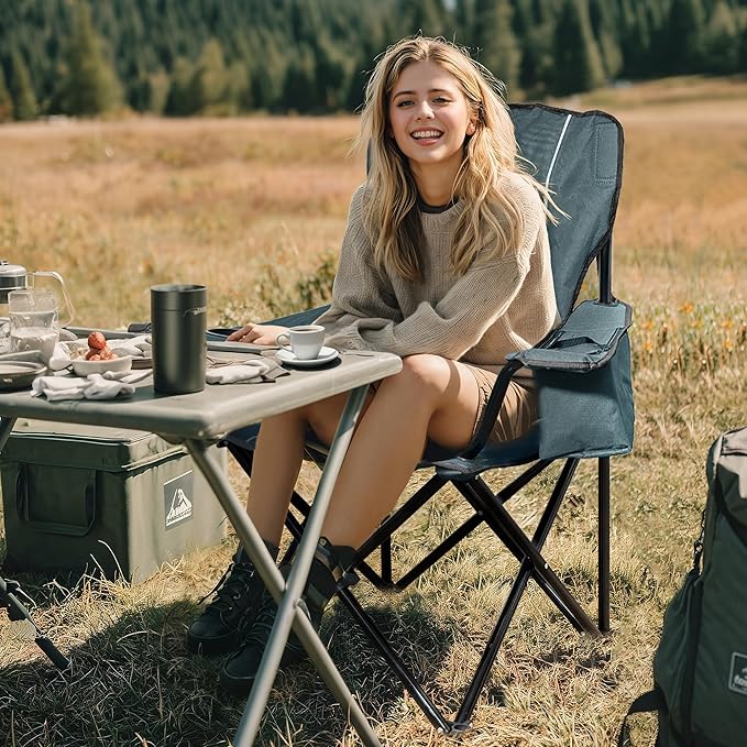 Oversized Padded Camping Chair, Heavy-Duty Steel Frame for 450 lbs Supports, Convenient 6-Can Cooler, Portable Carry Bag, Perfect for Outdoor, Beach, and Hiking (Gray & Black)