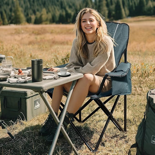 Oversized Padded Camping Chair, Heavy-Duty Steel Frame for 450 lbs Supports, Convenient 6-Can Cooler, Portable Carry Bag, Perfect for Outdoor, Beach, and Hiking (Gray & Black)
