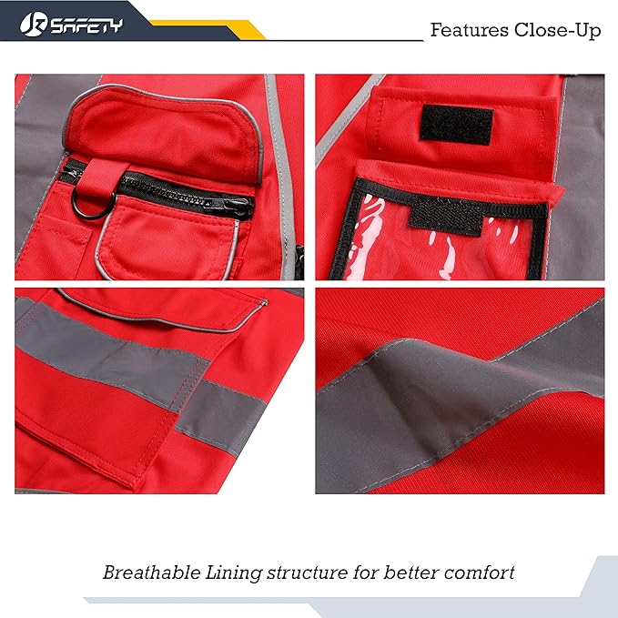 JKSafety 9 Pockets High Visibility Zipper Front Safety Vest With Reflective Strips,Meets ANSI/ISEA Standard (Medium, 150-Red)