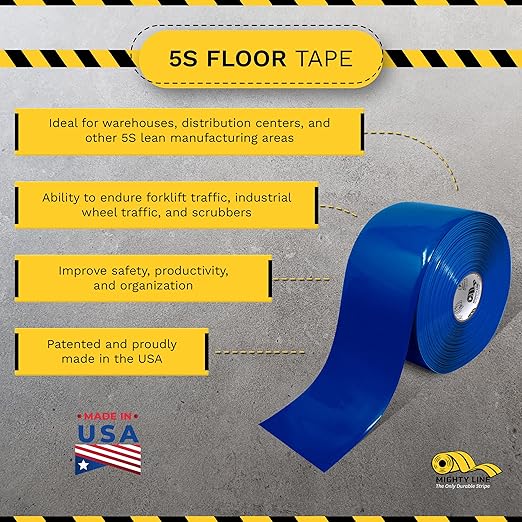 Mighty Line Solid Floor Marking Tape for Safety, Caution, Warning, Heavy-Duty, Peel and Stick Adhesive, Beveled Edge Design, Industrial Quality, 6 inch, 100' Roll, Blue