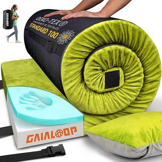 3 Inch Memory Foam Camping Mattress, Dual Layer Thick Sleeping Camp Pad for Car Tent Cot, Roll-Up Portable Glamping Floor Bed for Guests Sleepover