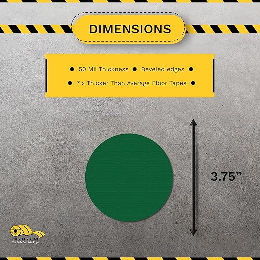 Mighty Line 3.75" Solid Dot Shaped Floor Marking Tape for Safety, Caution, Warning, Heavy-Duty, Peel and Stick, Adhesive Circle Spots, Industrial Quality, Green, Pack of 100