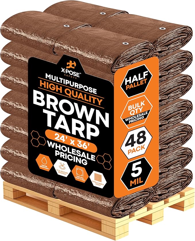 Multipurpose Protective Cover Brown Poly Tarp 24' x 36' - Bulk Half Pallet (48 Pack) Durable, Water Resistant, Weather Resistant - 5 Mil Thick Polyethylene - by Xpose Safety