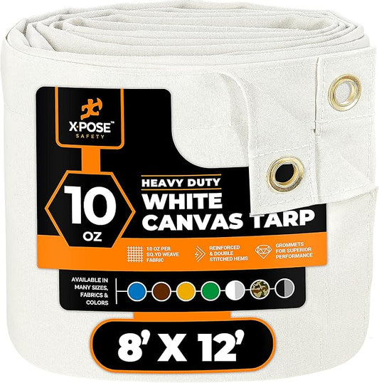 Xpose Safety Canvas Tarp - 10oz White Canvas Tarps Heavy Duty Water Resistant with Brass Grommets- Multipurpose Outdoor Tarpaulin for Camping, Canopy, Trailer, Equipment Cover 8' x 12'