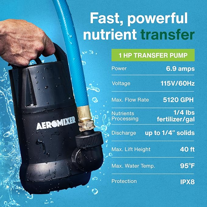 Aeromixer 1 HP Transfer Pump - Submersible Water Pumps, Sump Pump for Pool Draining, Portable Electric Garden Utility Pumps 5120 GPH, Heavy Duty Outdoor Water Flow System for Farming and Gardening